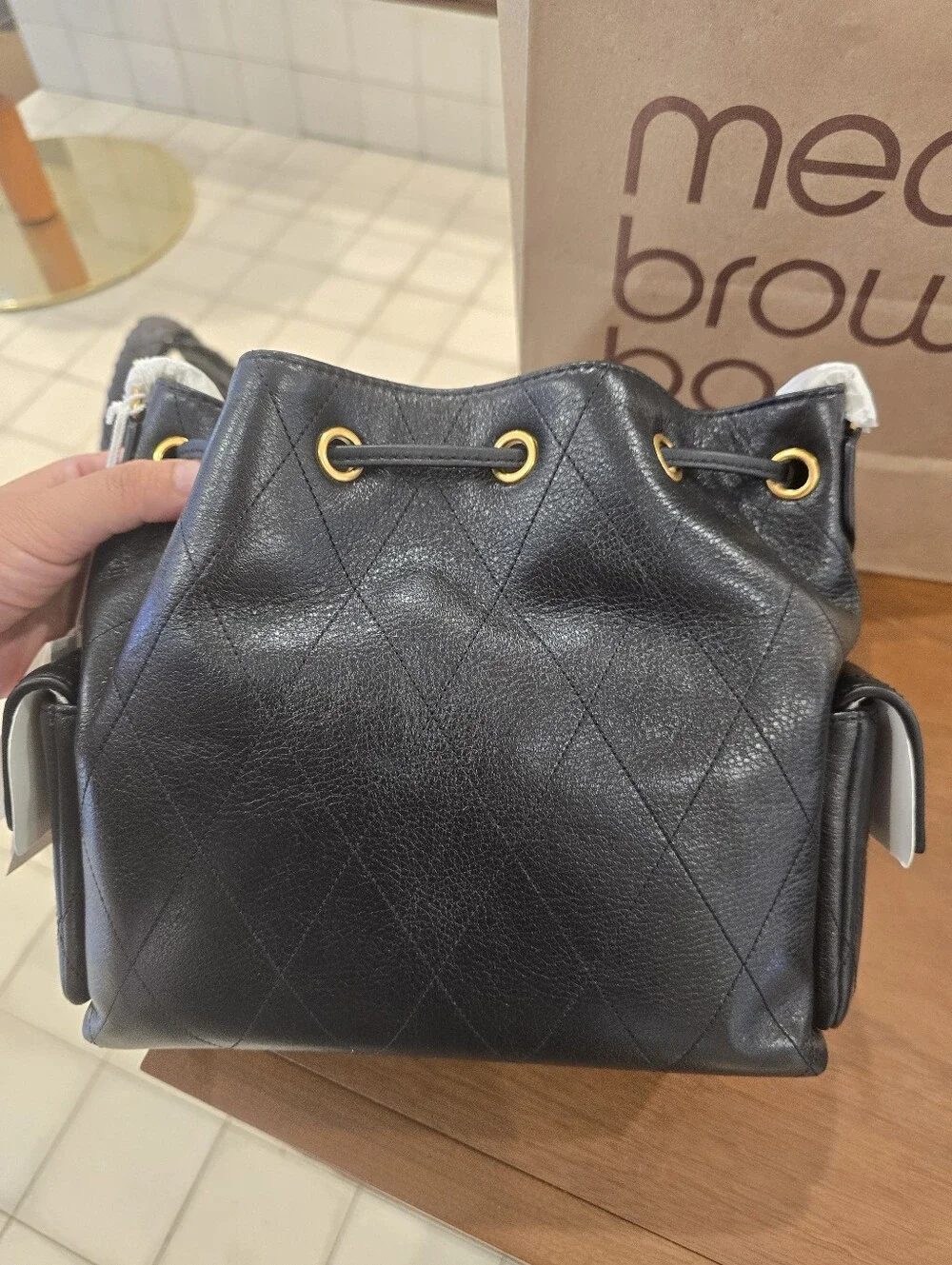 Tory Burch Charlie small Black Leather Bucket Bag with Gold Chain Strap